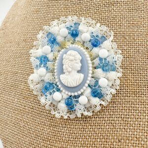 Vintage Cameo Lace Brooch White Blue Beads Handmade Victorian